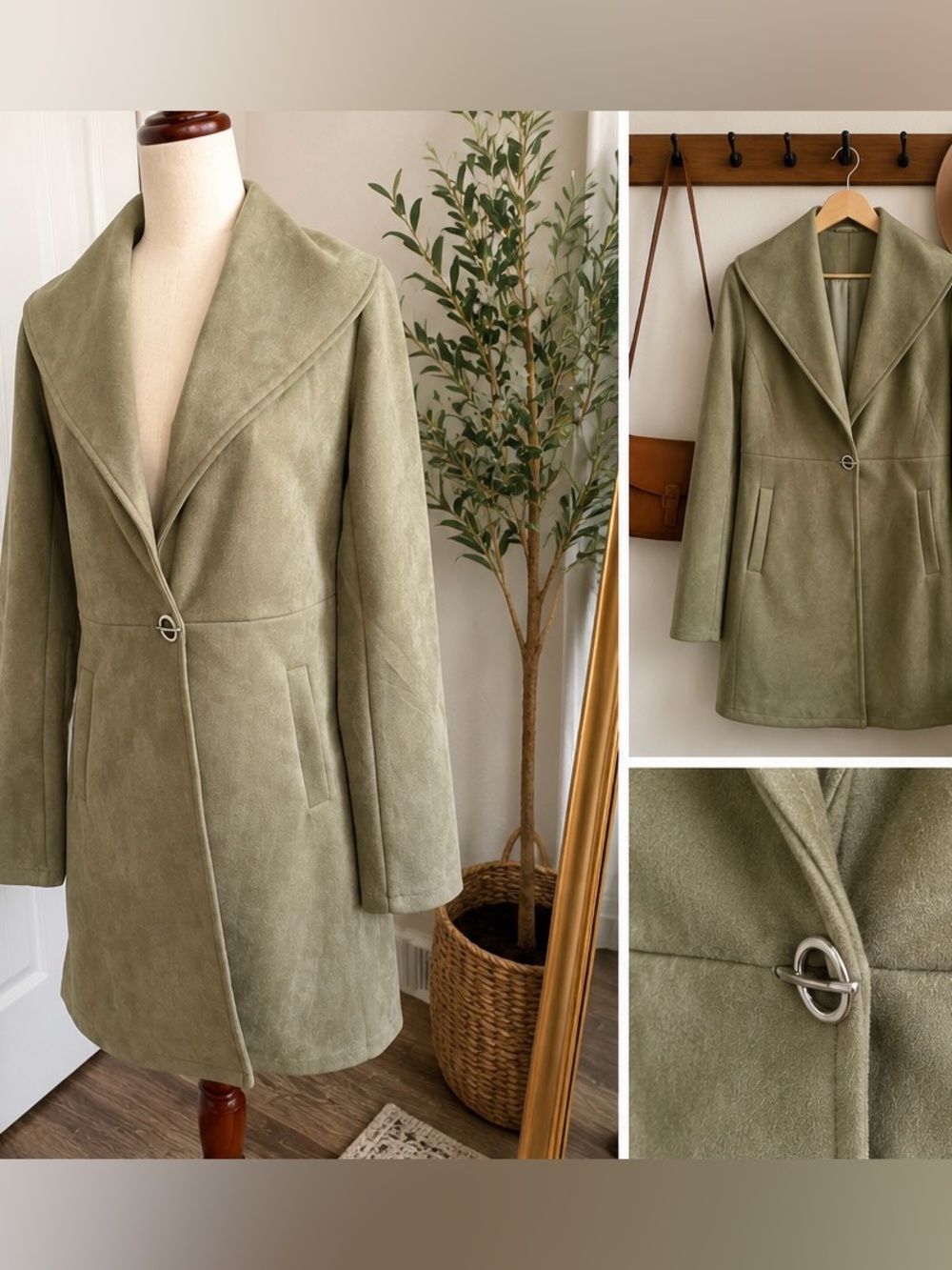 Anthropologie Solitaire Sage Green Faux Suede Trench Coat NWT | Size Small